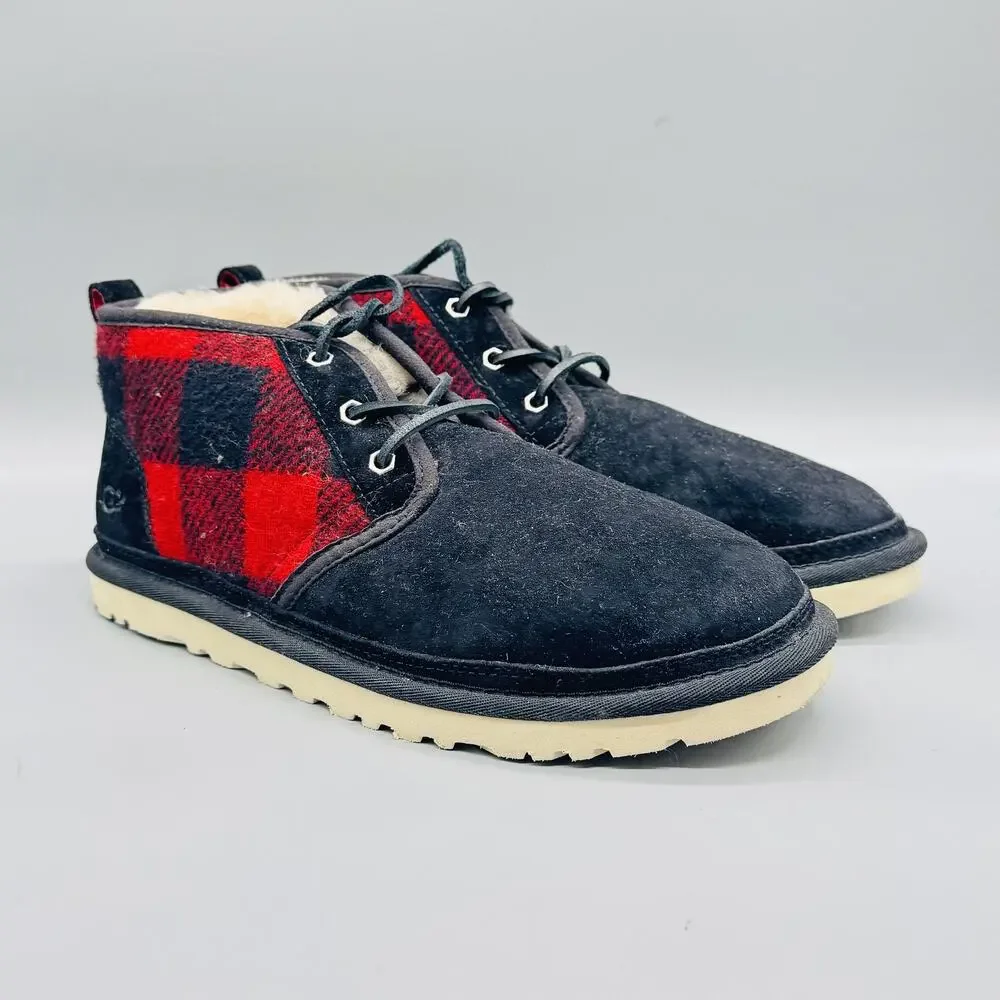 UGG Boots Mens 10 Black Suede Neumel Plaid Chukka Ankle Lace Up Lined Shoes